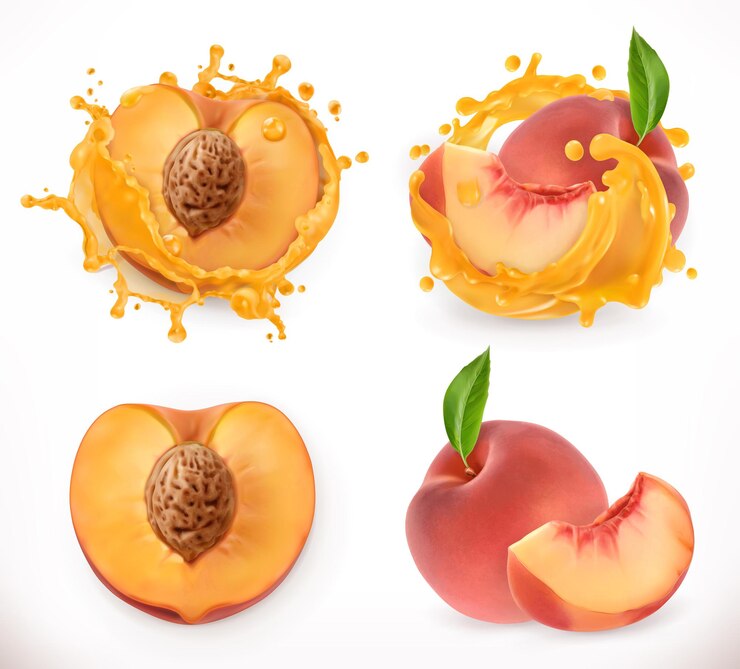 Vector peach juice. fresh fruit, 3d vector icon