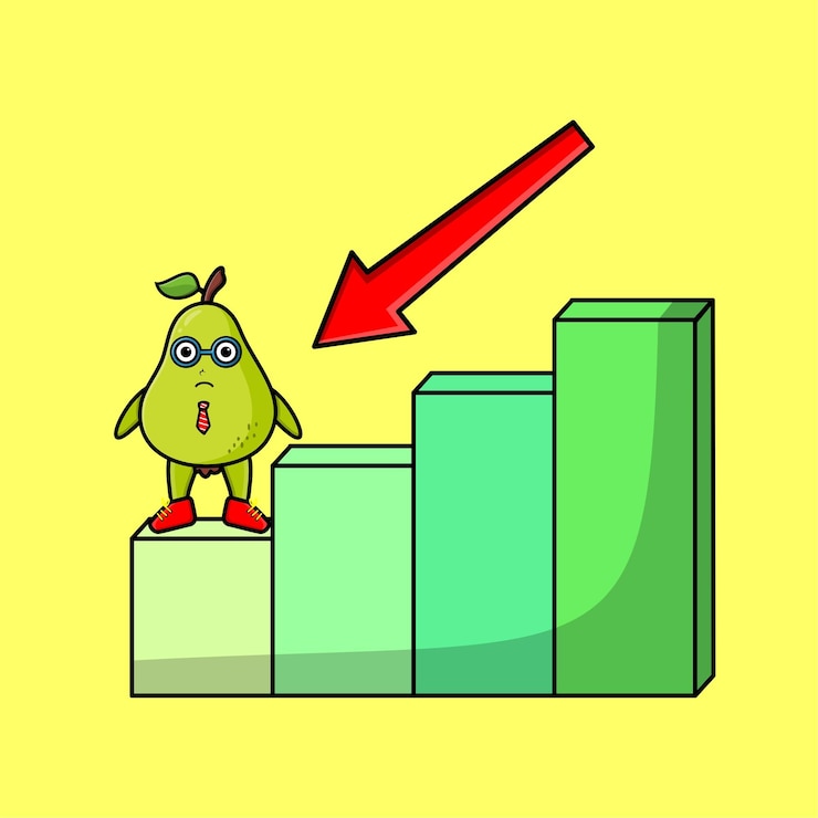 Vector pear fruit cute businessman mascot character with a deflation chart cartoon style design