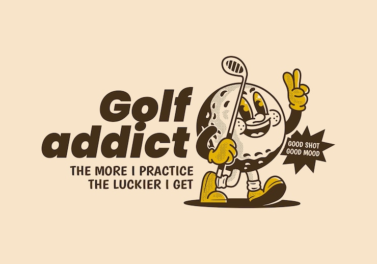Vector pecandu golf semakin banyak saya berlatih, semakin beruntung saya maskot vintage ilustrasi karakter bola golf memegang stik golf