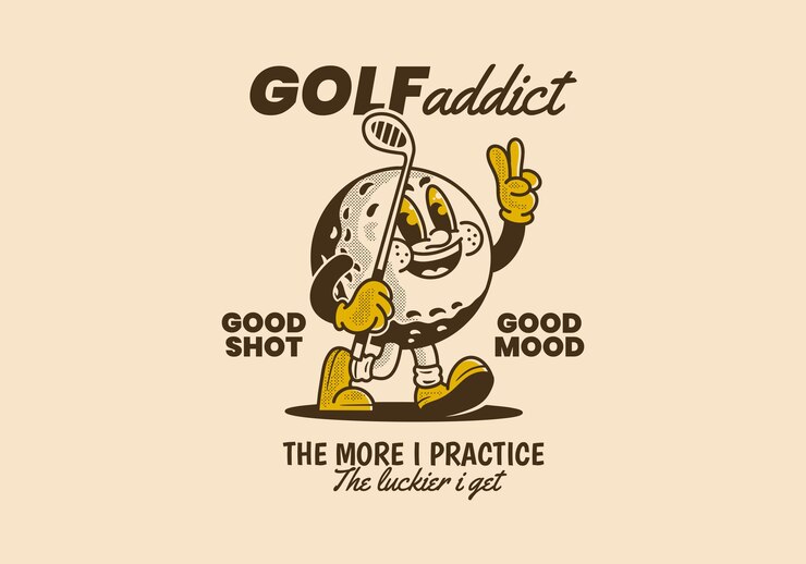 Vector pecandu golf semakin banyak saya berlatih, semakin beruntung saya maskot vintage ilustrasi karakter bola golf memegang stik golf