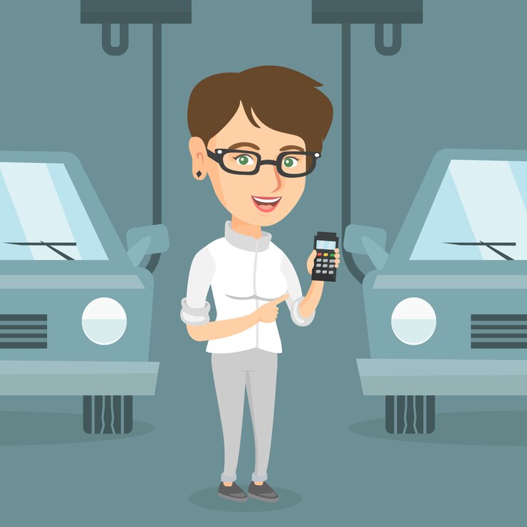 Vector pekerja mengendalikan jalur perakitan otomatis untuk mobil