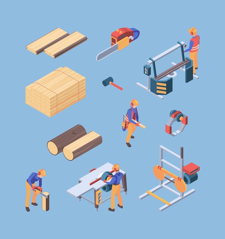 Vector pekerjaan kayu. pekerja perbaikan produksi kayu tukang kayu pembangun pemasangan dinding vektor alat gergaji. ilustrasi perbaikan pekerja tukang kayu