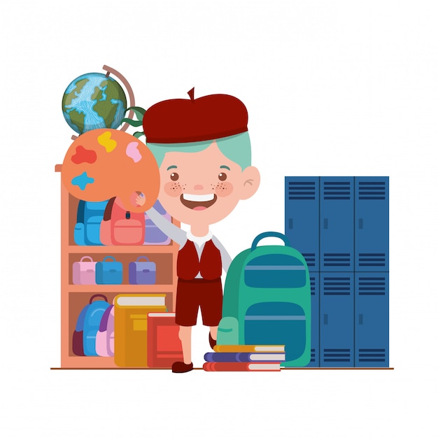 Pelajar laki-laki dengan perlengkapan sekolah di ruang kelas