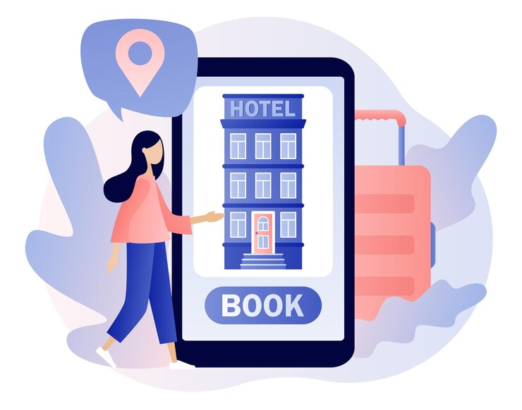 Pemesanan hotel online Wanita kecil mencari, memilih, dan memesan hotel atau apartemen di aplikasi ponsel cerdas