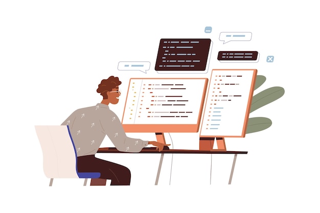 Pengembang perangkat lunak bekerja dengan kode program. Pemrogram dan monitor dengan skrip bahasa komputer abstrak. Konsep pengembangan backend. Ilustrasi vektor datar dari coder yang diisolasi dengan latar belakang putih.