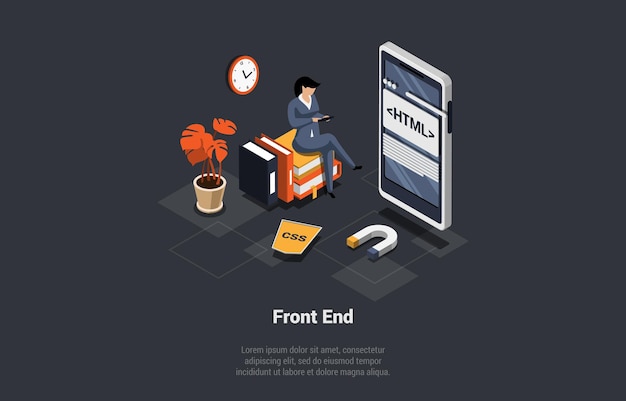 Pengembangan Pemrograman dan Rekayasa Pemrogram Wanita Pengembang Membuat Kode Bahasa Pemrograman Untuk Telepon Seluler Duduk Di Tumpukan Buku PHP HTML C CSS Js Ilustrasi Vektor 3d Isometrik