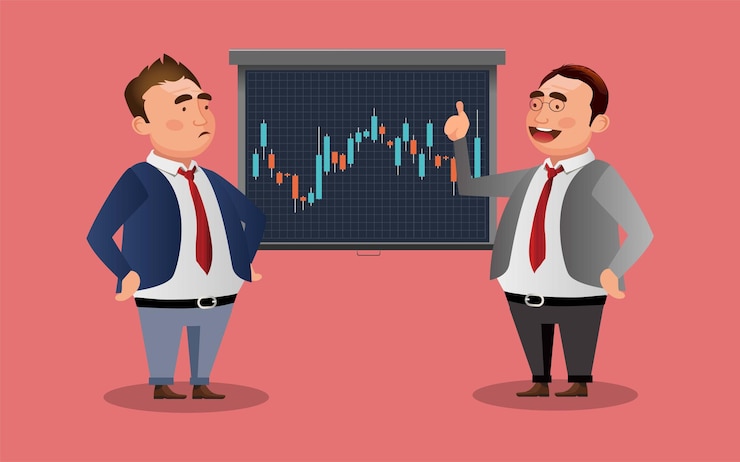 Vector pengusaha berbicara tentang pasar saham