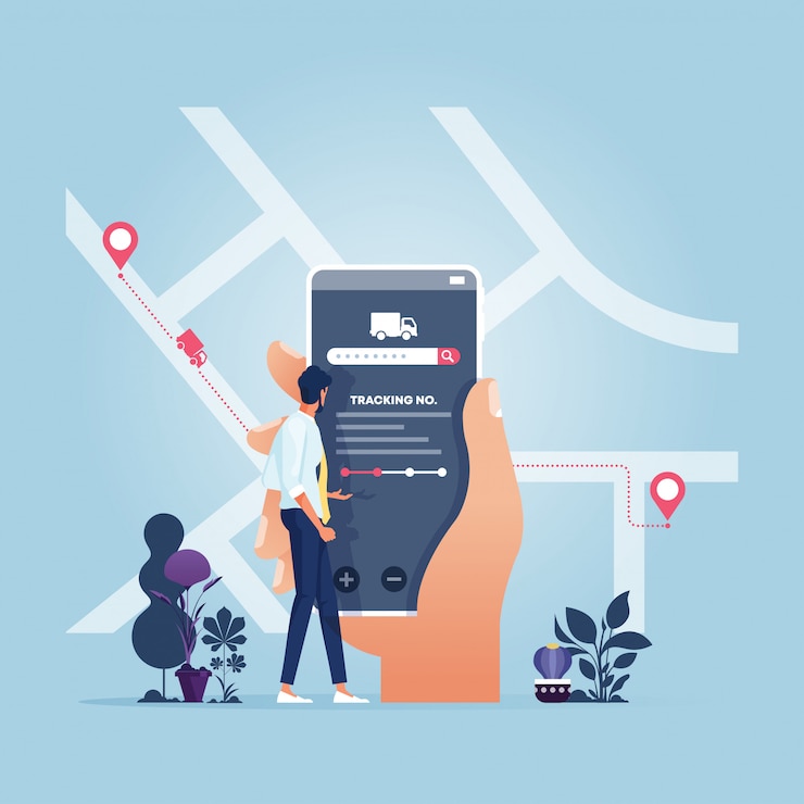 Vector pengusaha dengan aplikasi pelacakan pengiriman - konsep teknologi bisnis