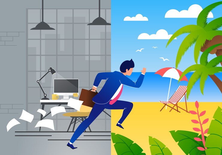 Vector pengusaha yang kelebihan beban dalam jas melarikan diri dari pekerjaan