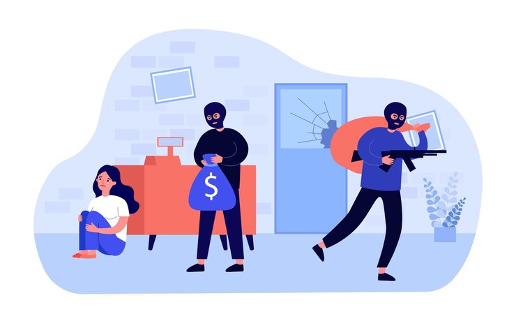 Vector penjahat bersenjata bertopeng mencuri uang dari bank. karyawan ketakutan di belakang konter, perampok dengan tas ilustrasi vektor datar. perampokan bank, konsep keamanan untuk banner, desain situs web, atau halaman arahan