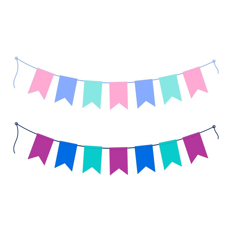 Pennants on a rope in trendy soft pink mint blue and bright fuchsia blue and turquoise set of