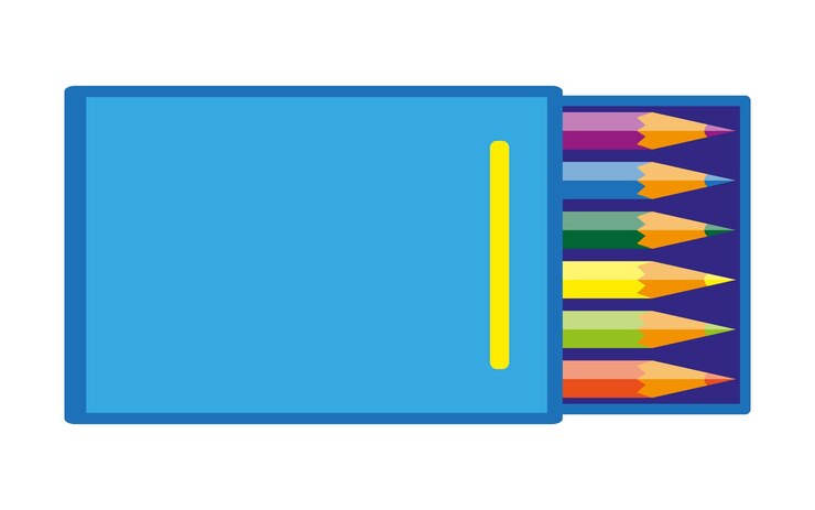 Pensil warna dalam kotak ikon anak terapi seni datar Kreatif anak-anak mainan artistik permainan aktif warna cerah menggambar guas cat air pensil palet pengembangan objek sekolah prasekolah hobi terisolasi