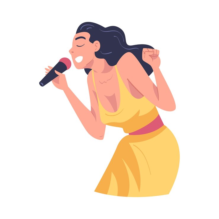 Vector penyanyi wanita dan musisi dengan mikrofon menampilkan ilustrasi vektor musik di panggung