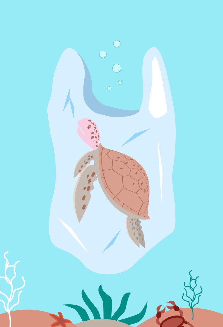 Vector penyu di dalam paket hewan mati karena sampah di kolam katakan tidak pada plastik polusi laut bencana ekologi konsep penolakan plastik ilustrasi vektor