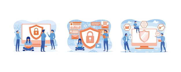 People and computer with shield and lock Safety and confidential data protection Data Protection Privacy Concept Set flat vector modern illustration