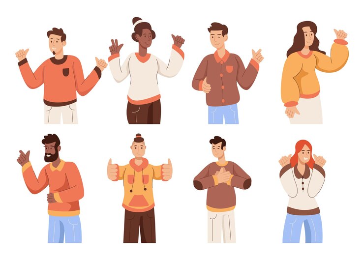 People character showing positive gesture like thumb up and ok symbol vector illustration set