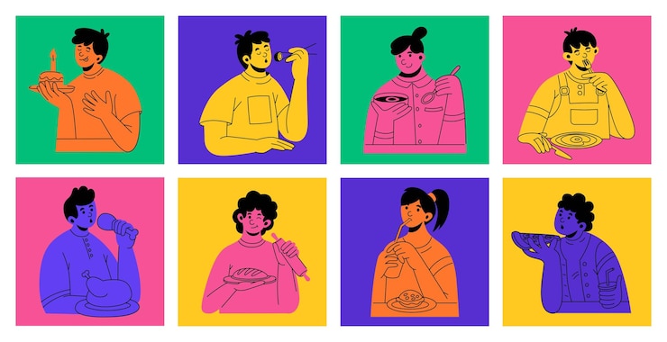 Vector people eating food happy hungry person funny man with pizza woman drinking cola italian dinner elements sushi and burger isolated bright square cards set vector tidy illustration