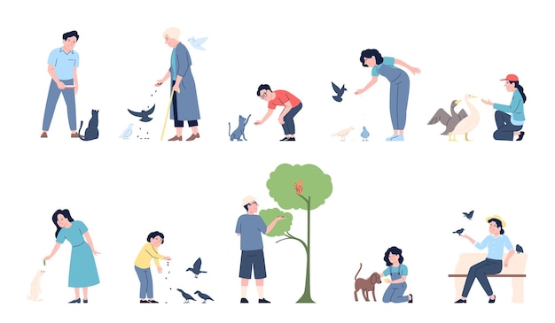 People feeding animals and birds Old and young person feed homeless animal wild squirrels and rabbit Volunteering rescue recent vector set