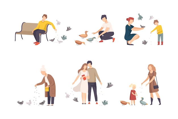 People feeding pigeons and ducks while walking set cartoon vector illustration