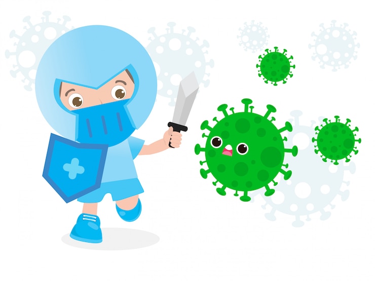 Vector people fight with coronavirus (2019-ncov), cartoon character man attack covid-19 ,children and protection against viruses and bacteria, healthy lifestyle concept isolated on white background