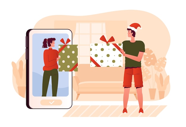 People give each other gifts over the Internet. Merry Christmas greetings through the phone. Contactless holiday and covid-19 protection. Cartoon flat .