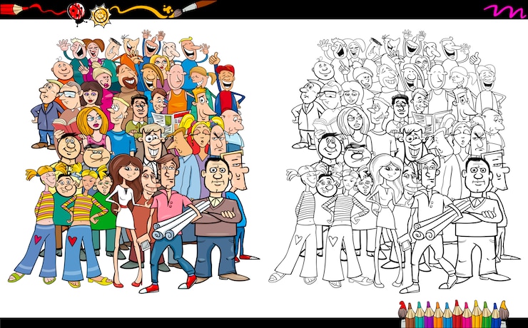 Vector people in crowd coloring book