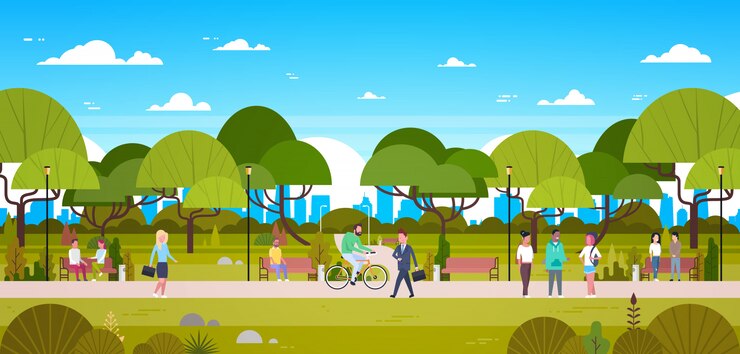 Vector people in park relaxing in urban nature over city skyline walking riding bicycle and communicating
