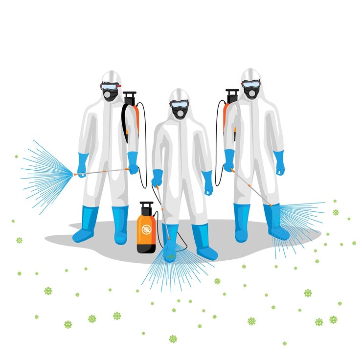 Vector people in protective suits carry out disinfection