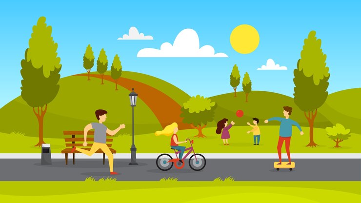 Vector people in the public park. jogging and playing