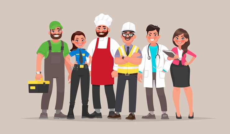 Vector people of different professions. builder, female police officer, cook, engineer, doctor and teacher. template for labor day. in cartoon style