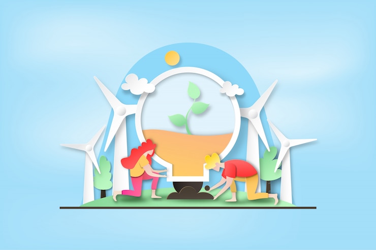 Vector people plant tree in light bulb and clean energy.