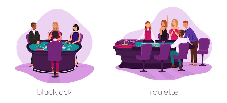 Vector people play blackjack and roulette game vector set casino gaming house flat illustration gambling industry for design casino web sites