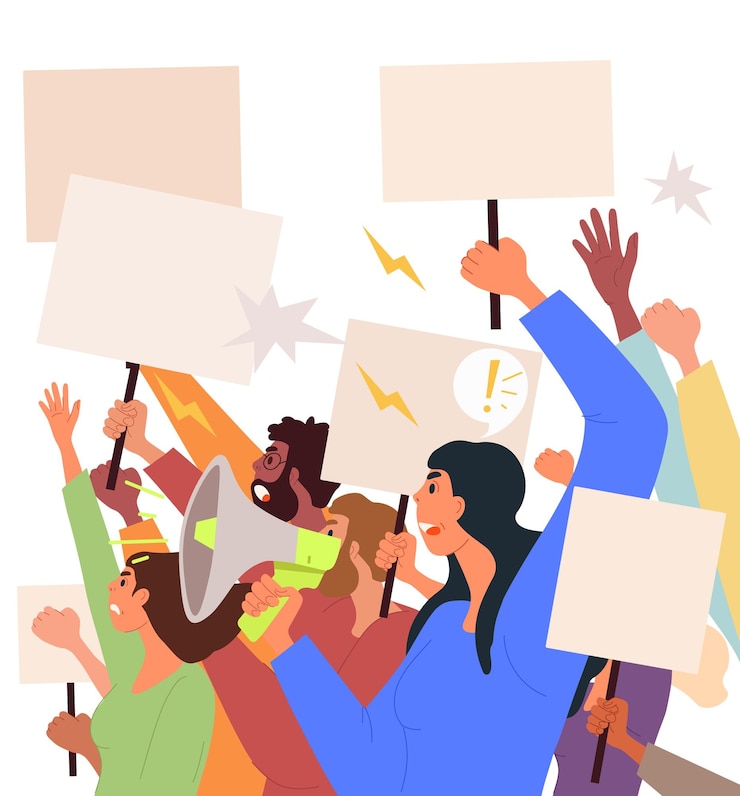 Vector people protesting concept female character with megaphone shouts slogan and demand people with