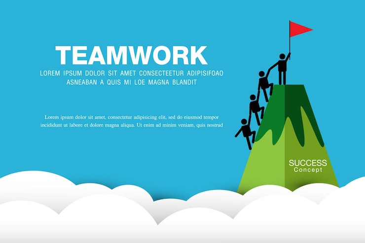 Vector people running up a mountain leadership teamwork