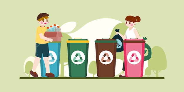 people separate garbage in trash bins waste sorting world environment day vector illustration