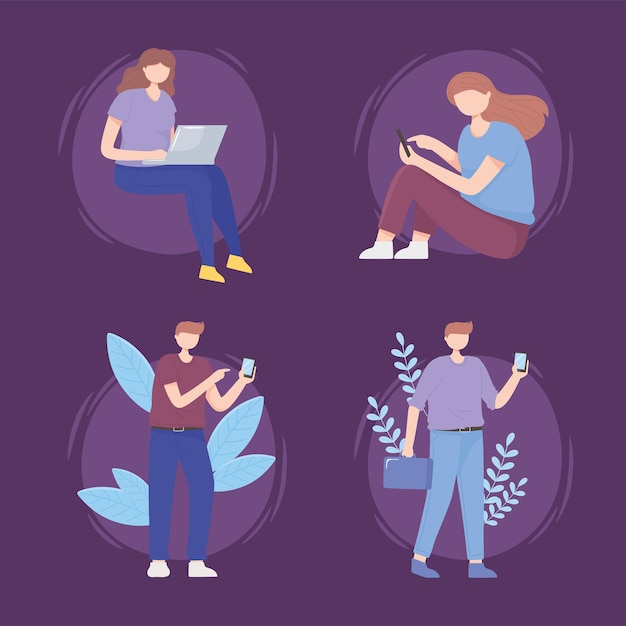 people set with gadgets technology digital and 5g generation internet illustration