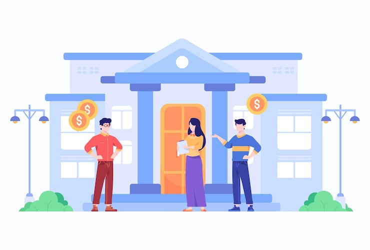 Vector people stand in front of business and finance office building concept