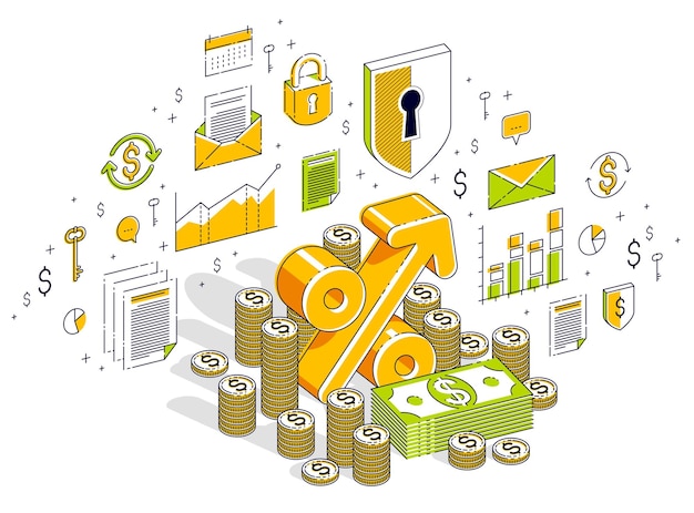 Percentage rate income profit concept, percent symbol with cash money stack isolated on white background. Isometric 3d vector finance illustration with icons, stats charts and design elements.