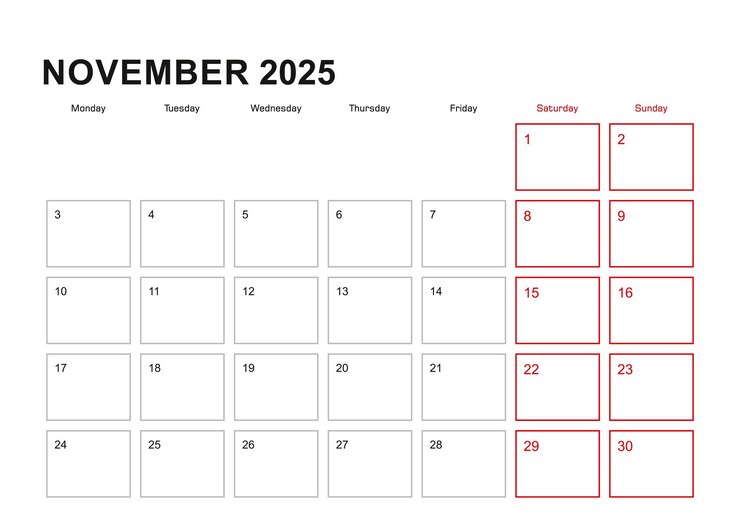 Vector perencana dinding untuk bulan november 2025 dalam bahasa inggris, minggu dimulai pada hari senin