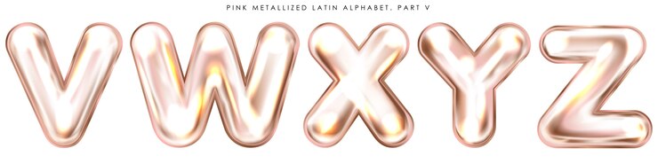 Vector perl pink foil inflated alphabet symbols, isolated letters v-w-x-y-z