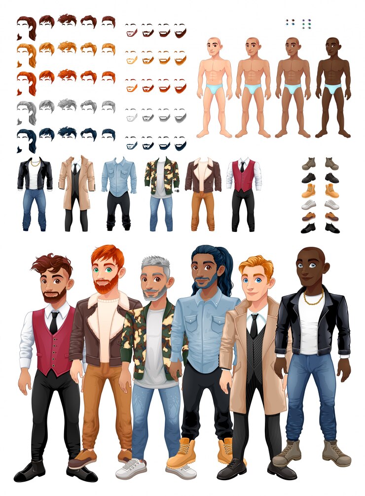 Vector permainan mendandani dan gaya rambut dengan avatar pria