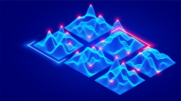Vector permukaan kisi 3d isometrik data yang terdiri dari partikel titik bercahaya visualisasi data besar diagram abstrak kisi gelombang dari aliran informasi digital elemen desain infografis kawat bergelombang