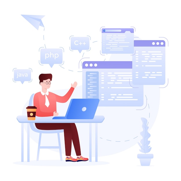 Person creating a web page flat illustration of web developer
