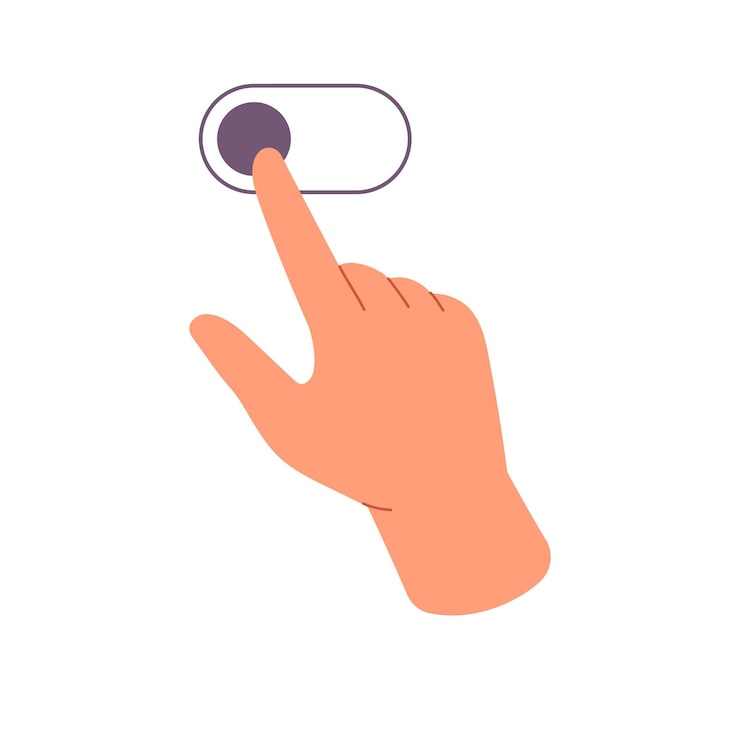 Vector person slides to switch on or off flick left tutor for touchscreen devices swipes on touch screen with finger sensor interface control with hand gesture flat isolated vector illustration on white