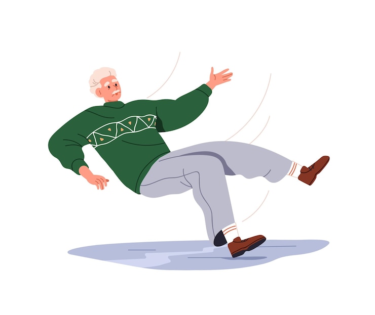 Vector person slipping falling down old man falls sliding on slippery wet floor clumsy senior elderly person in accident risk injury danger flat vector illustration isolated on white background