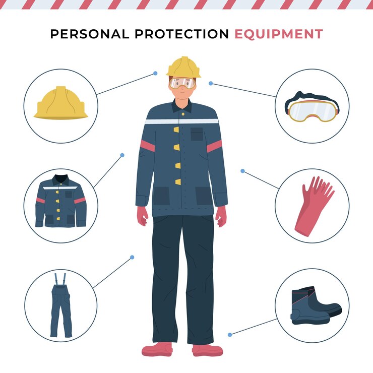 Vector personal protective equipment flat poster with male worker wearing protective helmet clothes gloves boots glasses vector illustration