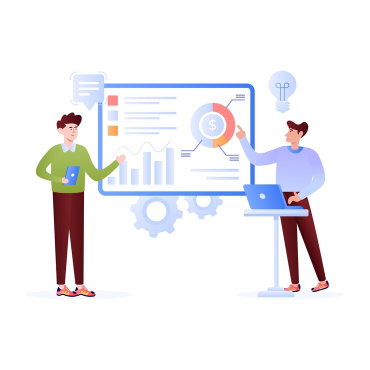 Vector persons monitoring chart and graph flat illustration of data analysis