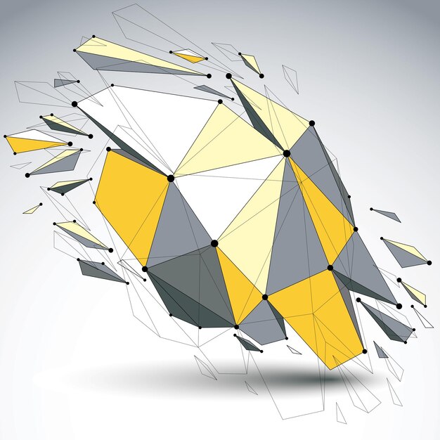Perspective demolished shape, lines and dots connected, yellow polygonal digital wireframe object. Explosion effect, faceted element cracked into multiple fragments. Communication technology.