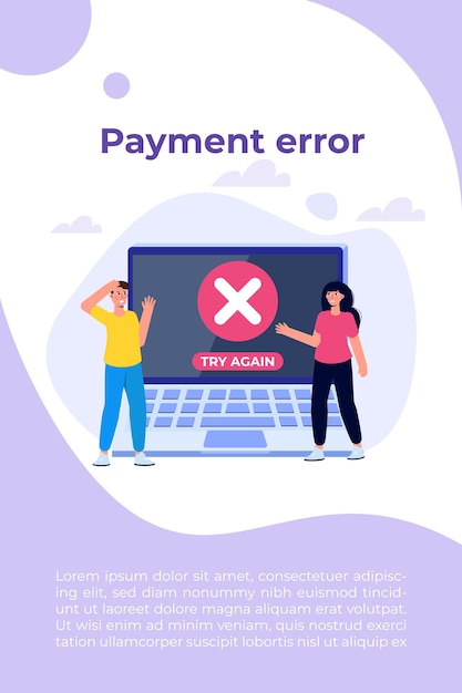 Pesan info kesalahan pembayaran di smartphone. Tanda silang pelanggan menandakan kegagalan. Ilustrasi vektor.
