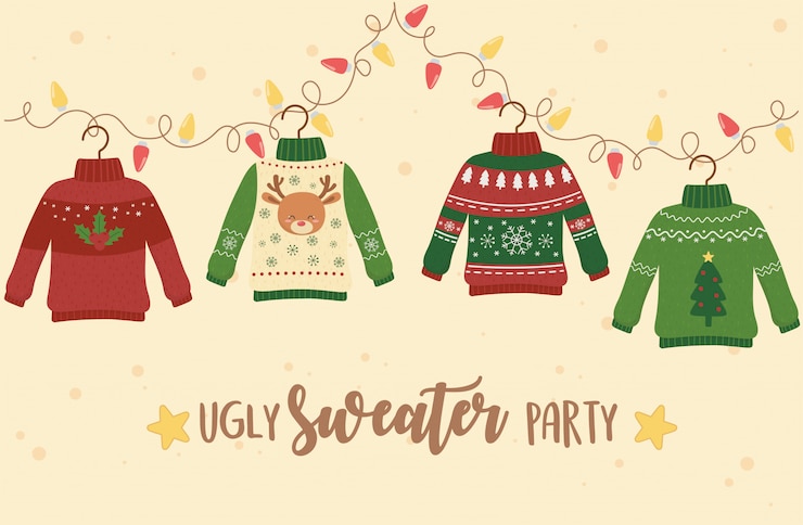 Vector pesta sweter jelek natal dengan dekorasi rusa, kepingan salju, pohon, dan lampu